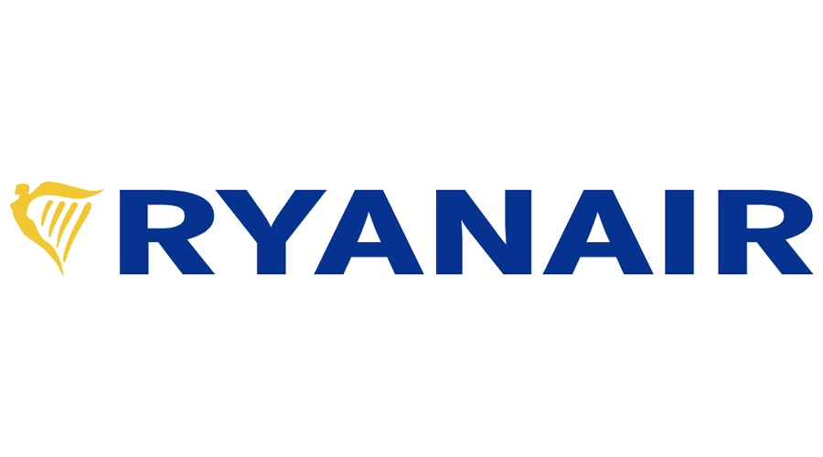 The Ryanair logo in blue and yellow, featuring a harp icon and bold uppercase text.