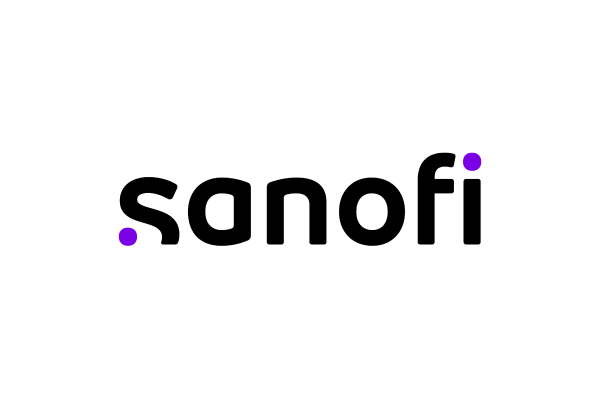 Sanofi company logo with stylized text and purple dots above the first and last letters.