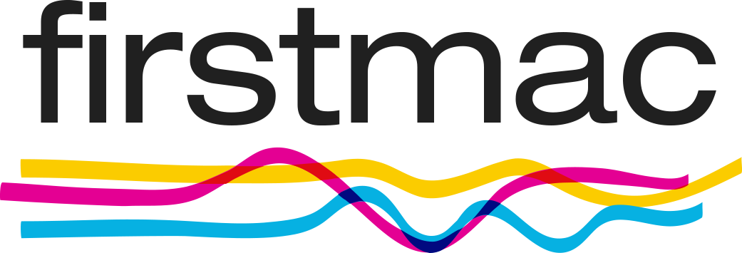 Firstmac logo featuring black text and colorful flowing waves in yellow, pink, and blue beneath the text.