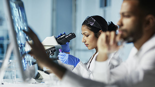 Scientist Working on Computer In  Modern LaboratoryNOTE TO INSPECTOR: all graps, dna models, charts are made by me