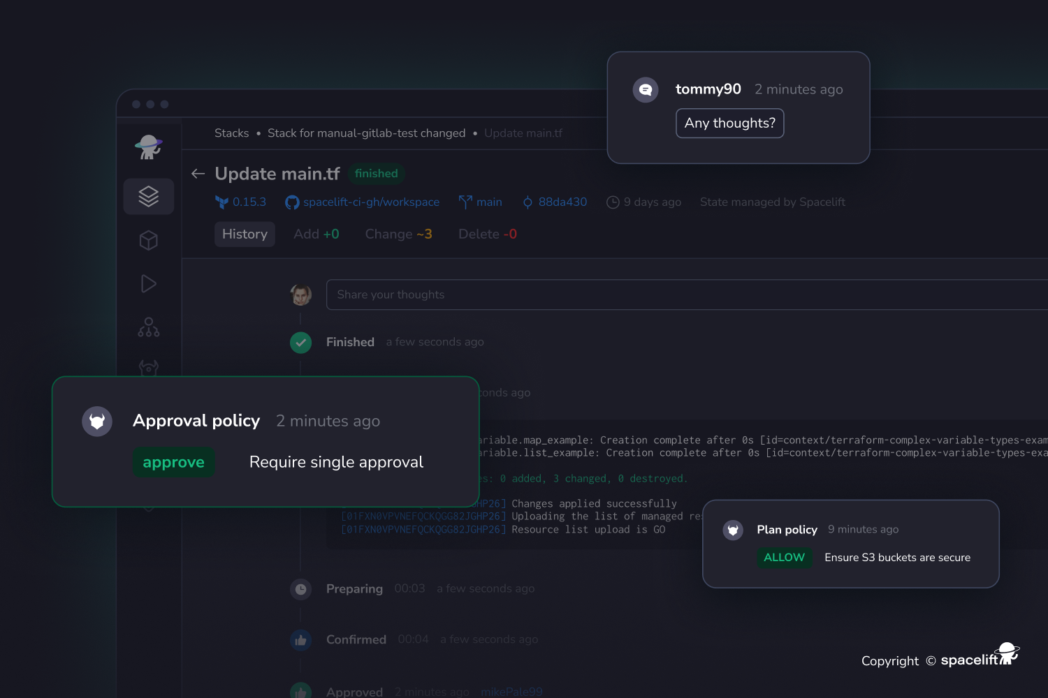 Screenshot of a Spacelift DevOps interface showing approval and plan policy notifications, a code update status, and a chat message overlay, with dark theme and Spacelift branding.