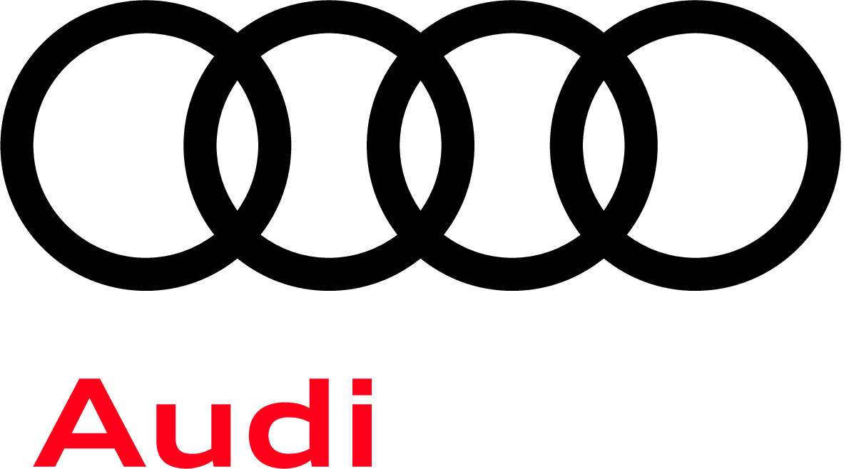 The Audi logo featuring four black interlocking rings above the word 'Audi' in red text on a white background.