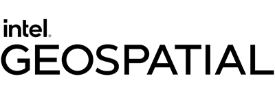 Logo for Intel Geospatial, featured in the AWS solution case study. The image is a black and white vector logomark for Intel Geospatial.