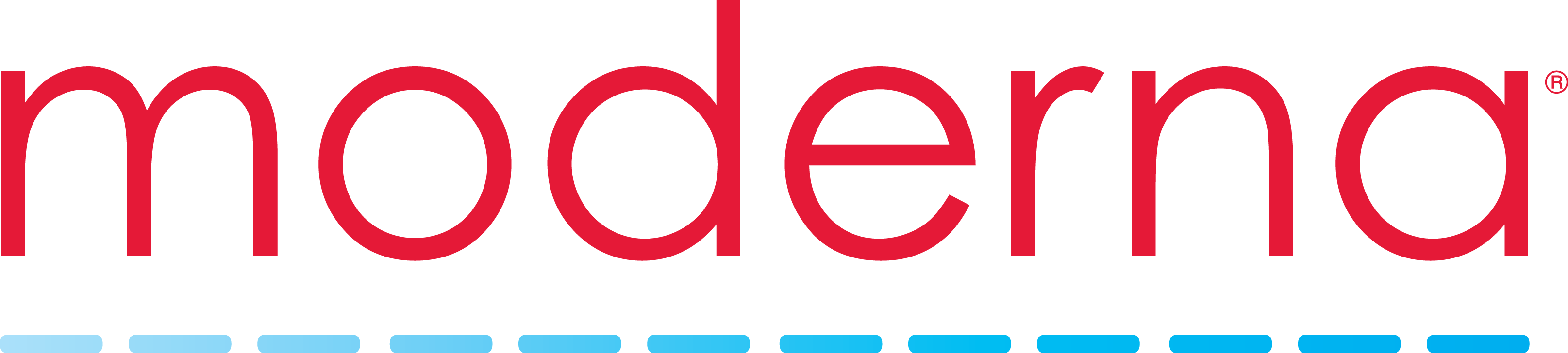 Logo of Moderna Therapeutics with red lowercase 'moderna' text and light blue dashed line beneath the text on a transparent background.