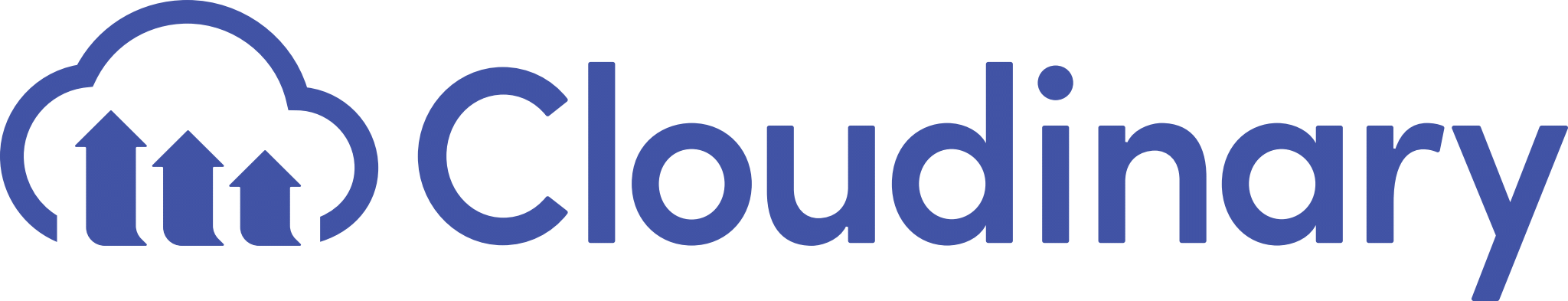 Cloudinary logo in blue vector style with cloud and upward arrows, accompanied by the word 'Cloudinary'.