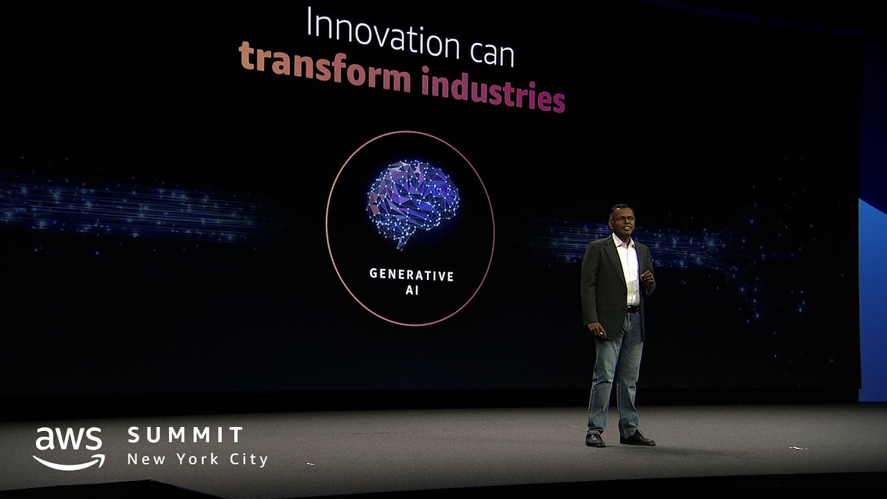 A speaker on stage at the AWS Summit in New York City, with a presentation slide reading "Innovation can transform industries" and featuring a graphic of a brain labeled "Generative AI."