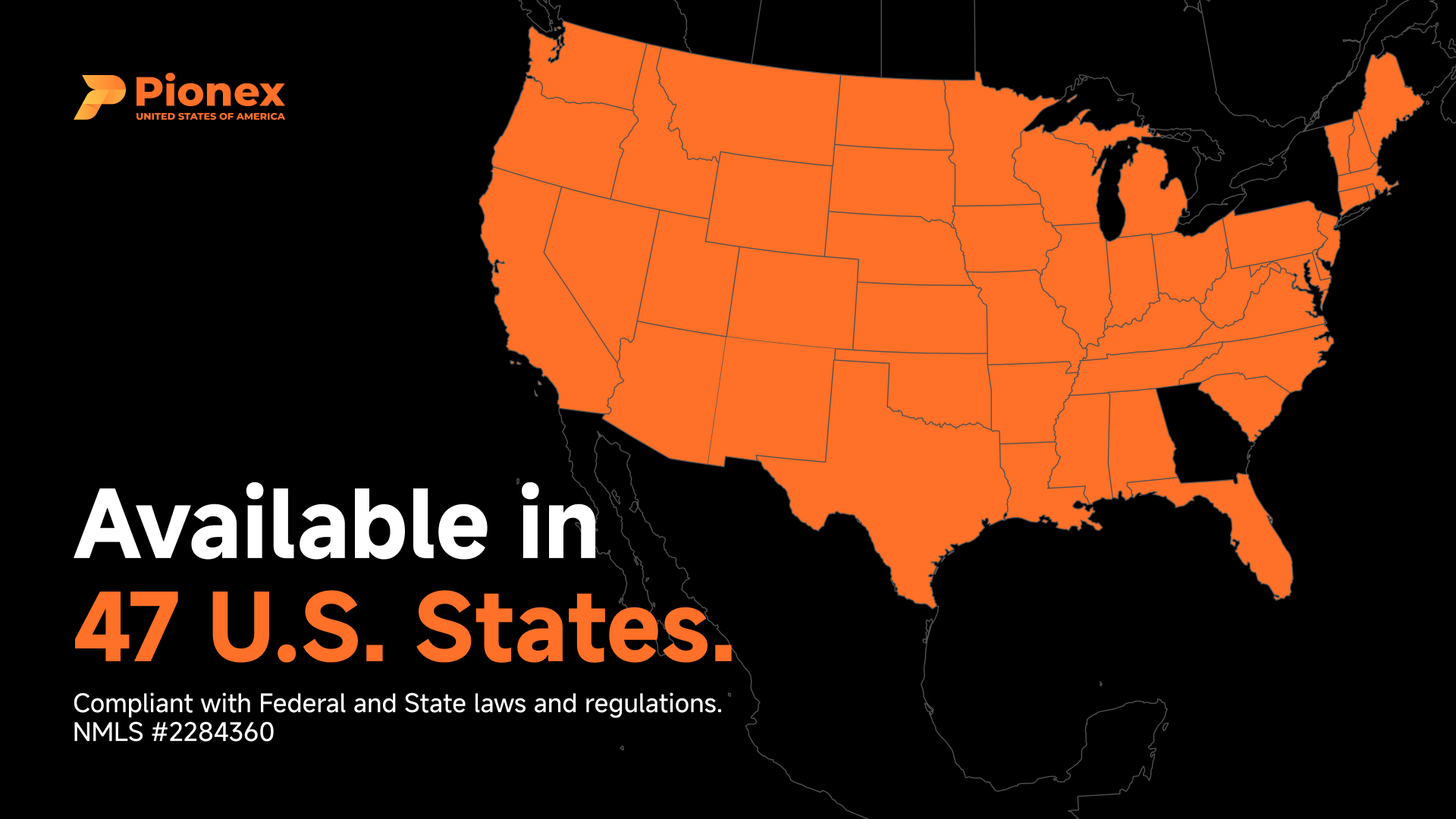 Map of the United States highlighting 47 states where Pionex is available, with text noting compliance with federal and state laws and NMLS number #2284360.