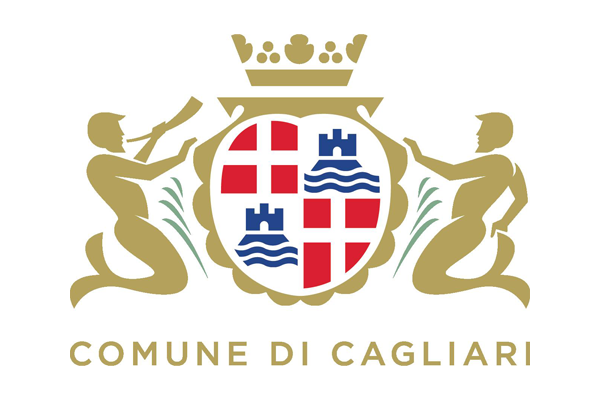 Official logo of Comune di Cagliari featuring a decorative emblem with red crosses, blue castles, and waves, flanked by two gold figures and topped with a crown.