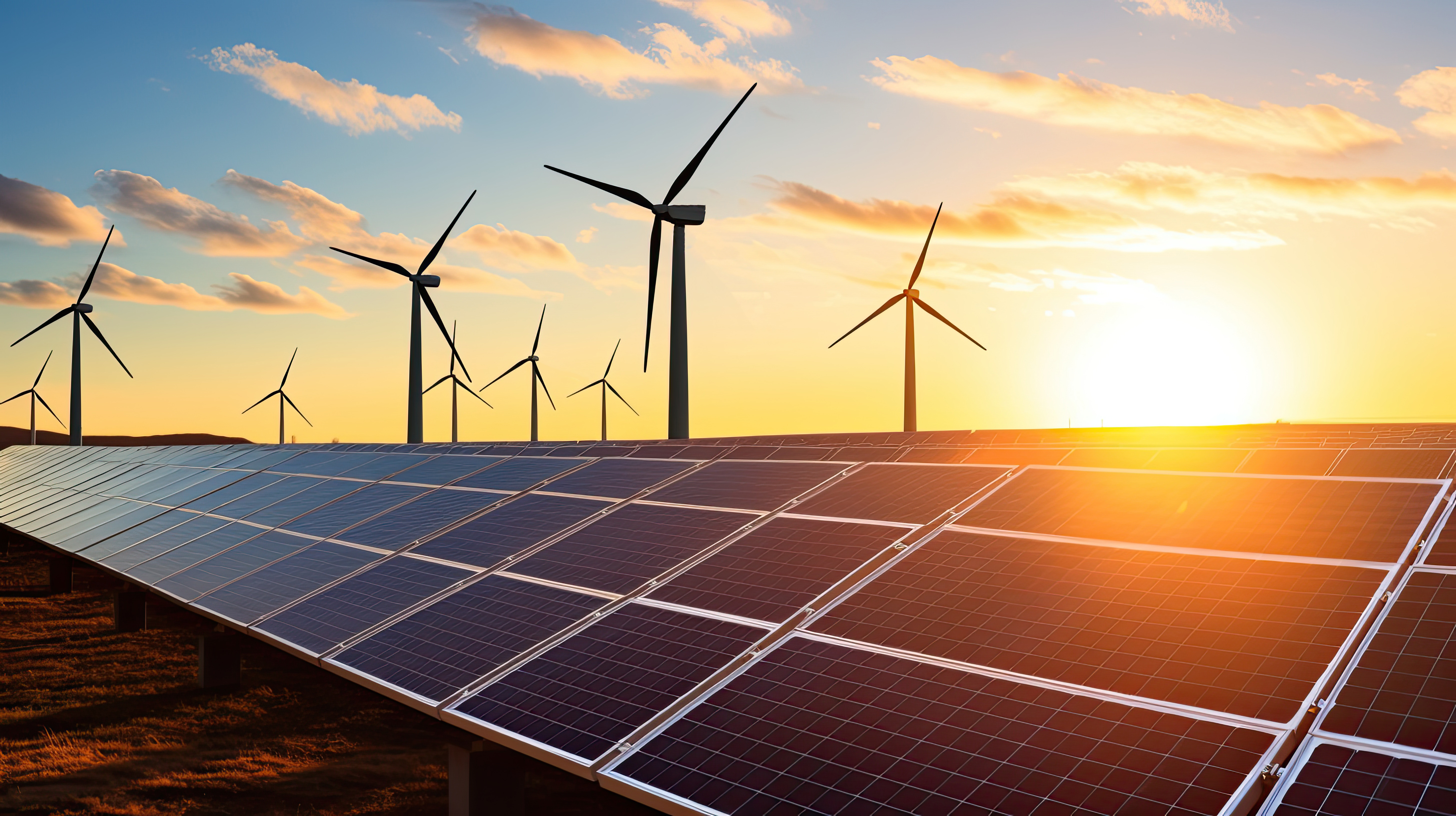 Solar panels and a wind turbines against a backdrop of a blue sky. The concept of an energy crisis and renewable energy. AI generated.