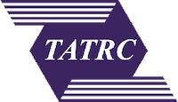 The logo of TATRC featuring the acronym 'TATRC' in white text on a purple geometric shape with diagonal stripes extending from the shape.