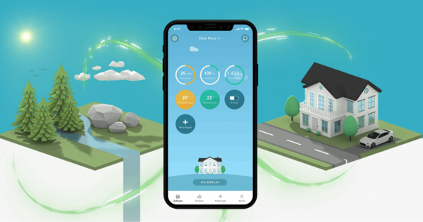 A digital illustration of a smartphone displaying a smart home monitoring app interface, surrounded by 3D cartoon-style elements including a house, car, trees, stream, and clouds, representing home automation and environmental monitoring.