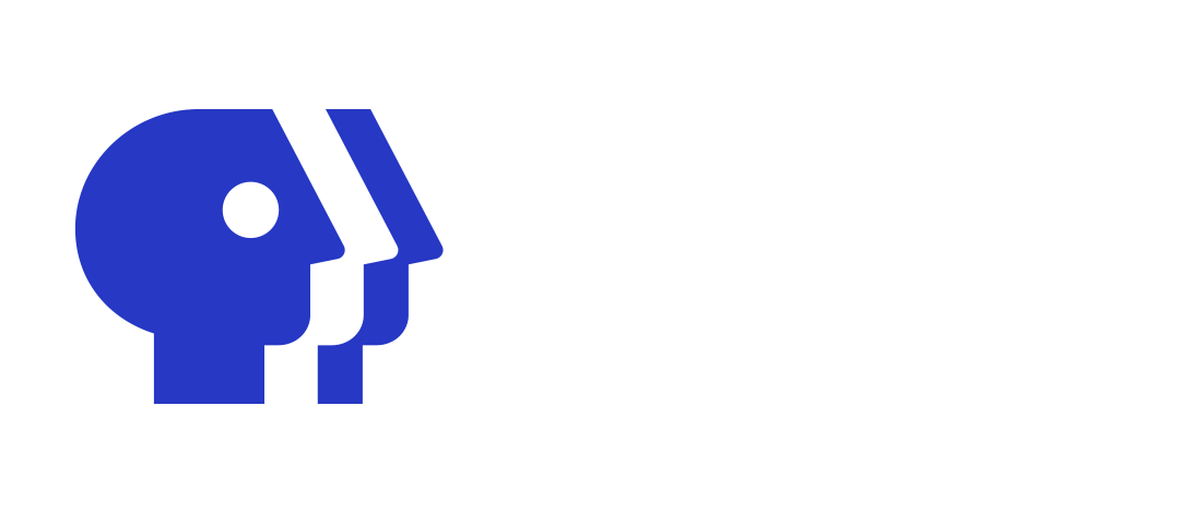 A blue silhouette of the PBS logo featuring a stylized human head with a white circle representing an eye, set against a white background.