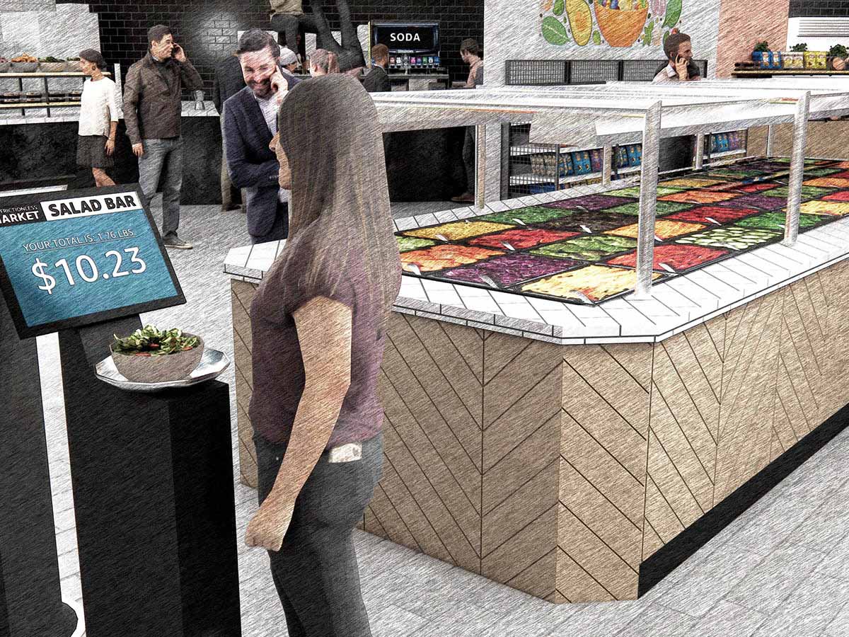 A person standing at a digital kiosk in front of a cafeteria salad bar with an automated checkout, displaying the total price of a salad using 'Just Walk Out' technology. Other people are visible in the background in a modern cafeteria setting.