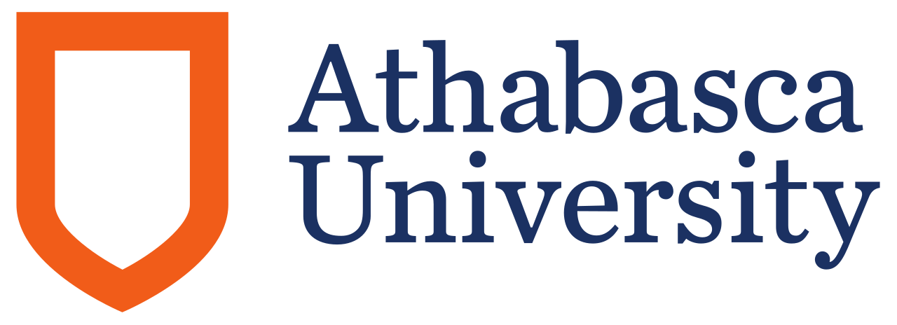 Athabasca University logo featuring an orange shield icon and blue text reading 'Athabasca University', 2017 version.
