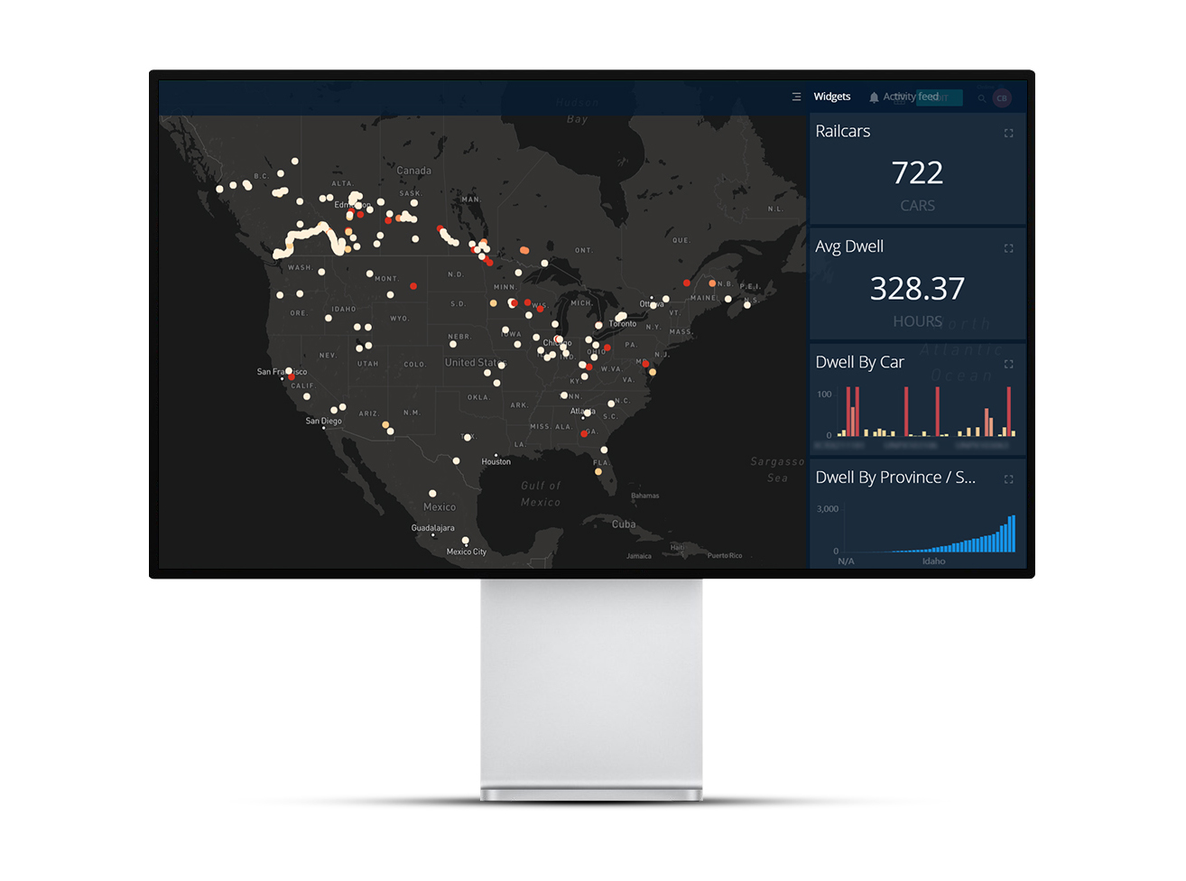 A computer monitor displaying a railcar analytics dashboard. The screen shows a map of North America with data points, statistics on railcars, average dwell time, and graphical breakdowns by car and province/state.