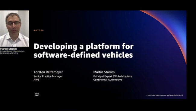 Screenshot of a presentation titled 'Developing a platform for software-defined vehicles' featuring Torsten Reitemeyer from AWS and Martin Stamm from Continental Automotive, highlighting modern automotive software architectures.