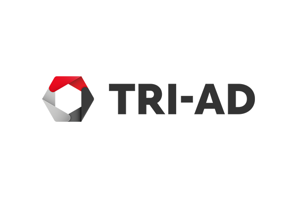 Logo of TRI-AD, featuring a stylized red and gray icon with the company name in bold black letters.