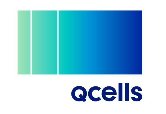 The logo of Hanwha Qcells, featuring three vertical gradient blocks in green and blue tones next to a larger blue gradient rectangle, with the word 'Qcells' in bold blue text below.