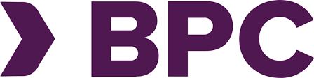 Logo for BPC, featuring stylized purple text and a geometric arrow design on the left.