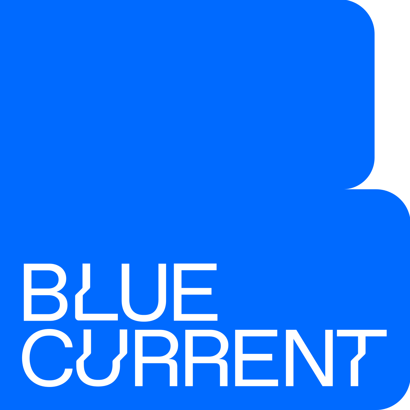 BlueCurrent company primary logo in RGB color, featuring the text 'BlueCurrent' in white on a blue background.