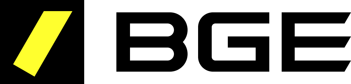 KHBGE company logo featuring a bold yellow diagonal stripe and black text on a transparent background.