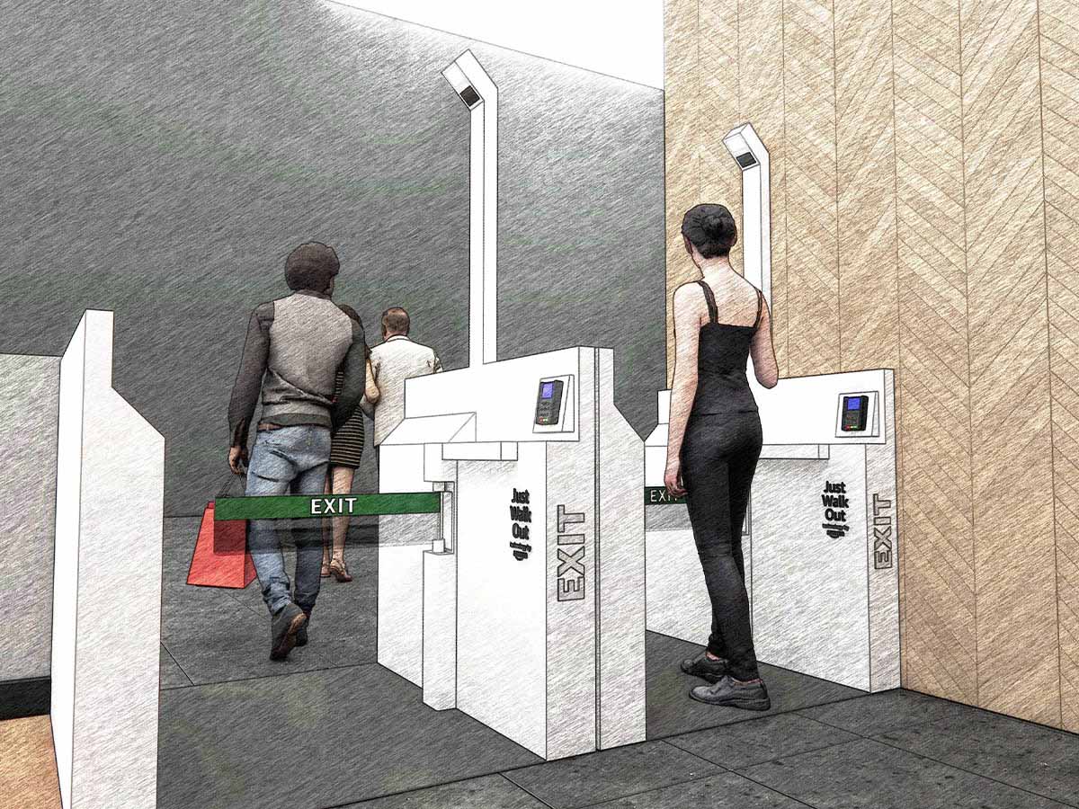 Illustration of shoppers using Just Walk Out RFID technology exit gates, showing automated exit barriers and RFID scanning for seamless retail checkout.