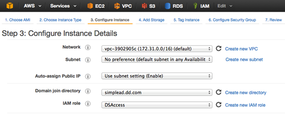 Screenshot of Step 3: Configure Instance Details in AWS EC2 instance setup. It shows fields for selecting network VPC, subnet, auto-assign public IP, domain join directory, and IAM role.