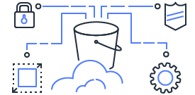Diagram illustrating Amazon S3 cloud storage, featuring a central storage bucket icon connected to symbols representing security, scalability, and management in a cloud environment.