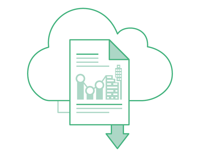 An illustration showing a document with charts and buildings, overlapping a cloud icon with a downward arrow, representing cloud modernization whitepaper download.
