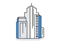Illustration of an enterprise office building with tall, modern structures, depicted in blue, gray, and white.