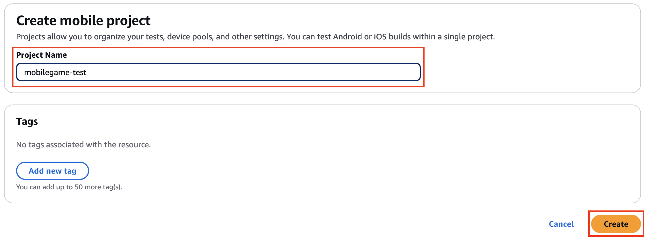 Screenshot of the AWS Device Farm interface showing the workflow for creating a mobile project named 'mobilegame-test', including fields for project name, tags, and visible Create and Cancel buttons.