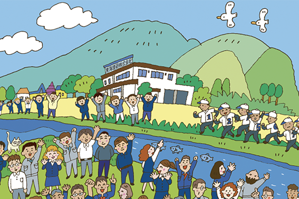A colorful cartoon-style illustration featuring a lively group of people by a river, with mountains, clouds, and a building in the background. People are cheering and interacting near the water, where fish are swimming, and a group in sports uniforms runs along the riverbank.