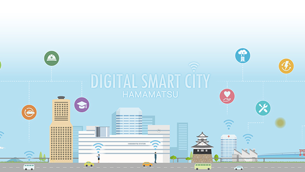 Illustration representing the concept of a digital smart city in Hamamatsu, featuring modern buildings, public transportation, Wi-Fi signals, and connected digital services enabled by AWS.