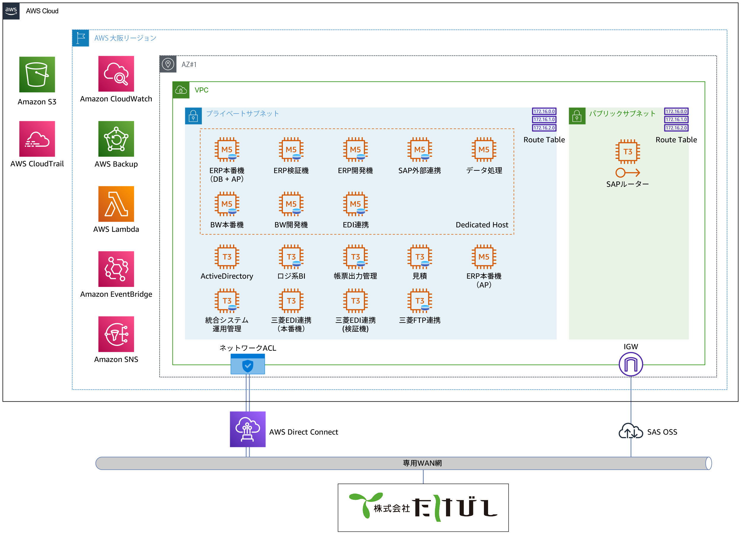 Diagram of an AWS cloud architecture for a private network, showing various services like Amazon S3, CloudWatch, Lambda, and SAP integration within a VPC, connected via AWS Direct Connect to an external WAN.