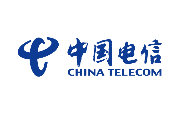 The logo of China Telecom, featuring the company name in both Chinese and English with a stylized blue icon.