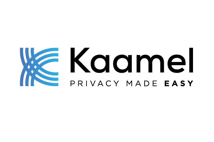 Kaamel logo with blue abstract design and the slogan 'Privacy Made Easy' on a white background.
