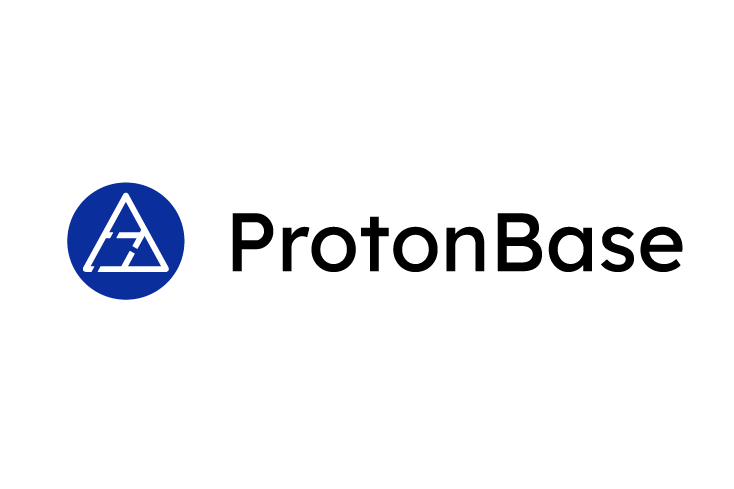 Logo for ProtonBase featuring a stylized triangular icon inside a blue circle and the text 'ProtonBase' in black on a white background.