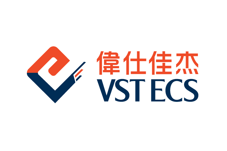 The logo of VST ECS featuring the company name in both Chinese (伟仕佳杰) and English, with a stylized icon in orange and navy blue.
