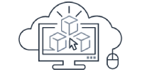 Line art illustration of a computer monitor displaying 3D blocks, with a cloud in the background, representing cloud computing and application deployment.