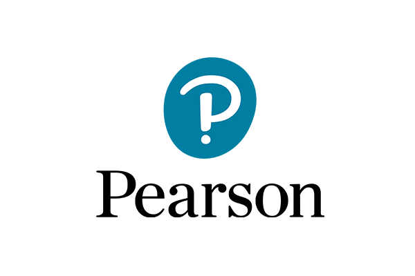 Pearson logo featuring a blue shield with a white stylized "P" and text below.