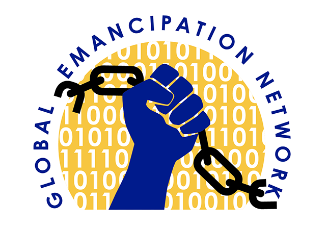 A blue fist breaking chains, with binary code in the background and the text "Global Emancipation Network" encircling the design.