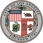 Seal of the City of Los Angeles featuring a shield with symbols including the U.S. flag, a bear, an eagle with a serpent, and a lion, surrounded by the text "City of Los Angeles Founded 1781."
