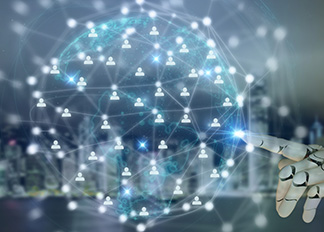 A robotic hand interacts with a digital globe showing interconnected network nodes and user icons, representing global digital connectivity and advanced technology.