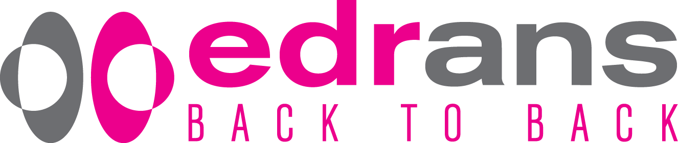The logo for Edrans featuring interlocking grey and pink shapes with the text 'Edrans Back to Back'.