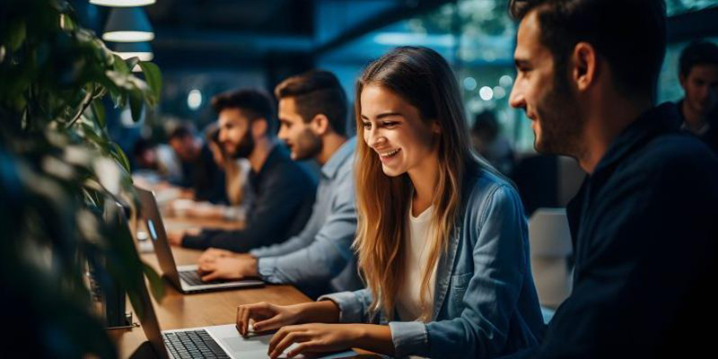 A group of people working on laptops in a modern, well-lit office space with greenery visible.