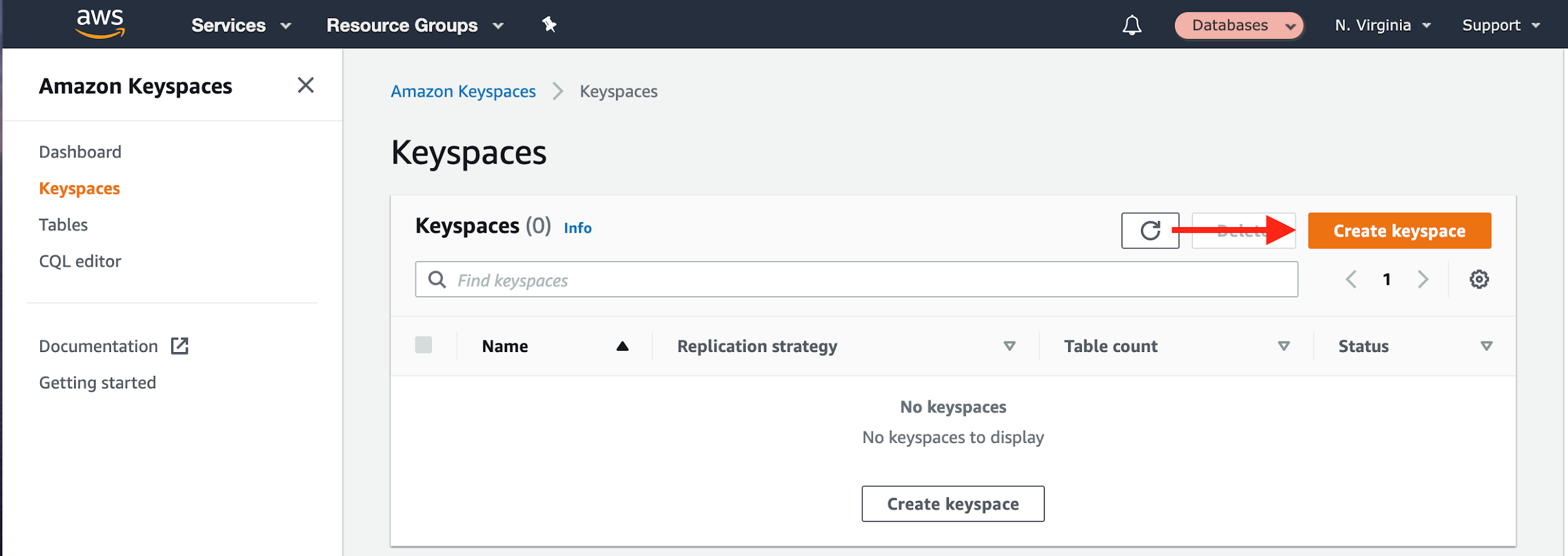 On the "Keyspaces" page, choose "Create keyspace" to create a new keyspace