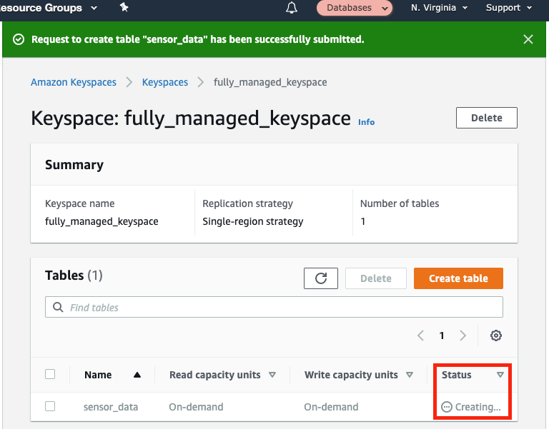 While your table is being created, it has a "Status" of "Creating"