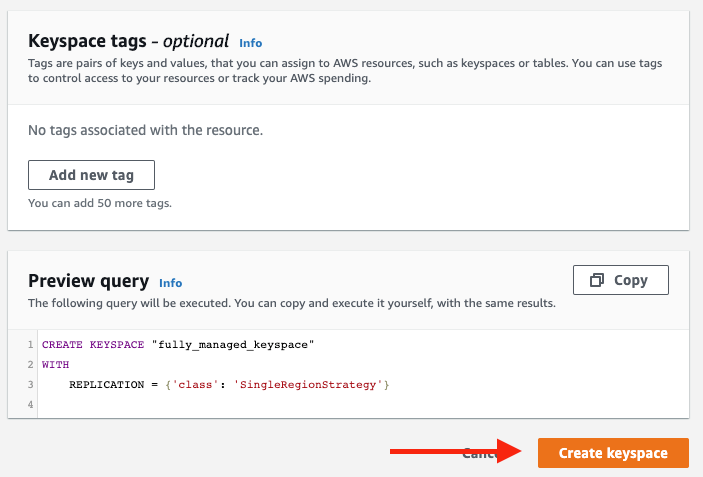 Choose "Create keyspace" to create your keyspace