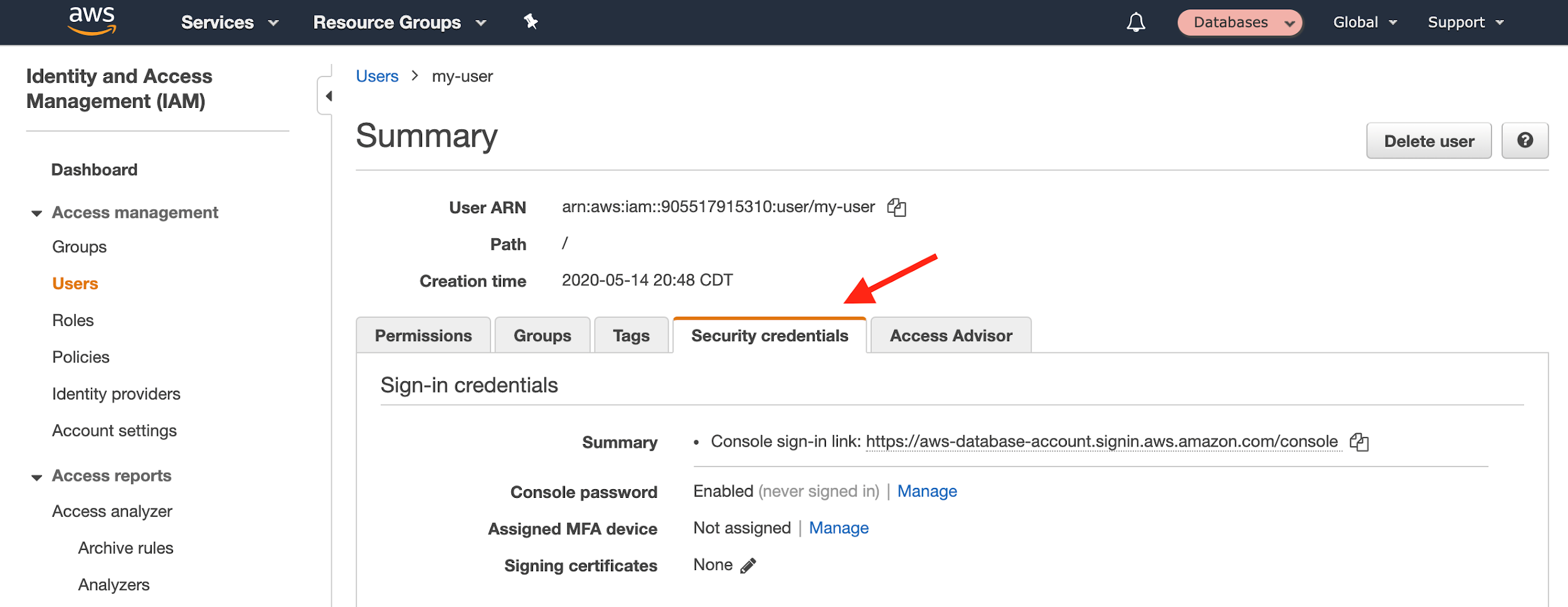 On the IAM user's page, choose the "Security credentials" tab