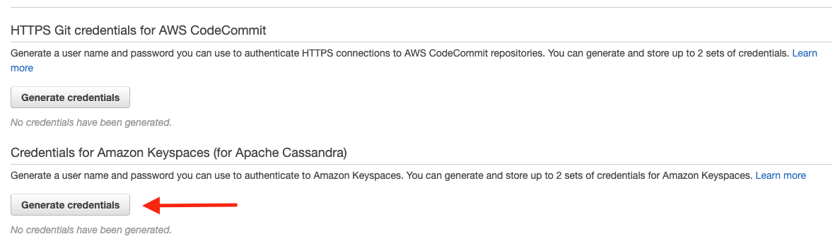 Choose "Generate credentials" to create Amazon Keyspaces credentials for your IAM user
